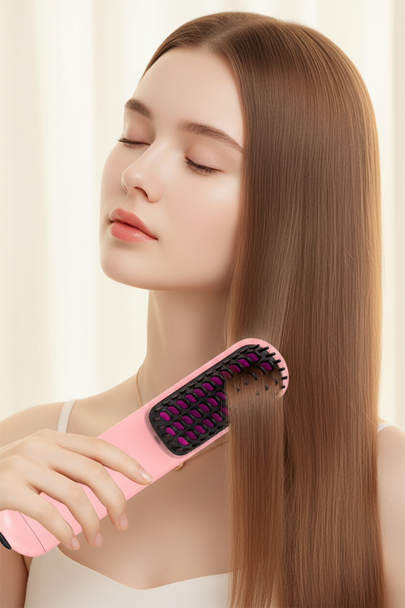 Elegant woman with silky straight hair using the Seraphine™ Mini Pro Hair Straightener Brush